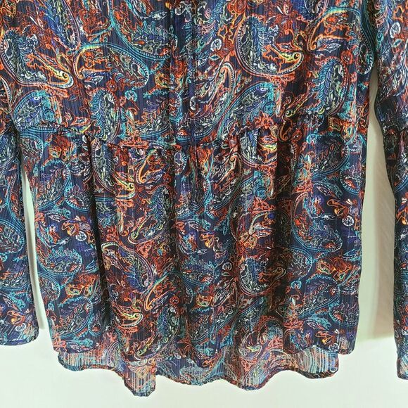Relativity Black Paisley Gathered Blouse Multi Color 3/4 Bell Sleeve Sz Medium - Picture 6 of 16